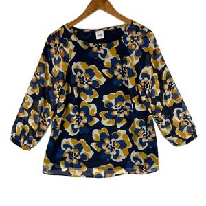 Cabi Lydia Floral Print 3/4 Sleeve Blouse Top Navy Blue Women's Small 3426‎